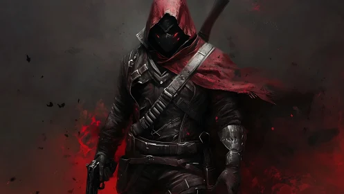 Hooded gunfighter strides through burning crimson fog.