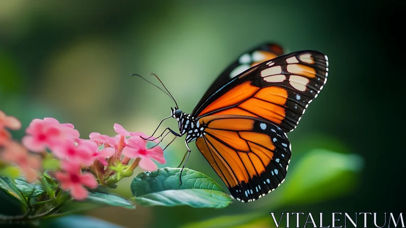 Monarch butterfly rests on pink blossoms in soft bokeh garden.