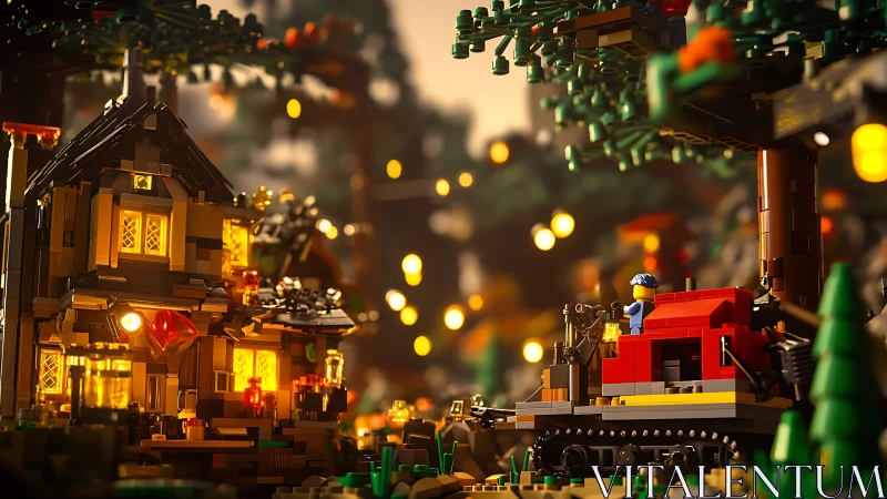 Cinematic LEGO forest cabin scene with locomotive lighting design.