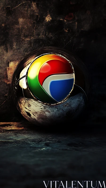 Chrome emblem sphere glows against dark textured stone.