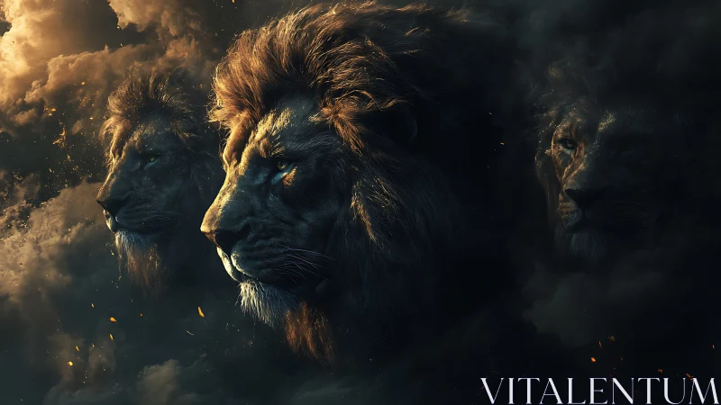 Majestic Lion Emerges Through Golden Light and Smoke