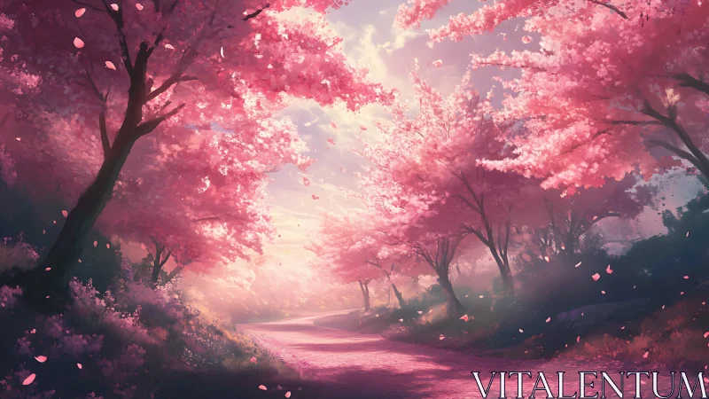 Cherry blossom lined path under diffuse soft daylight.