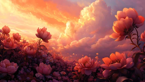 Crimson Blooms Dance Through Golden Hour Drama.