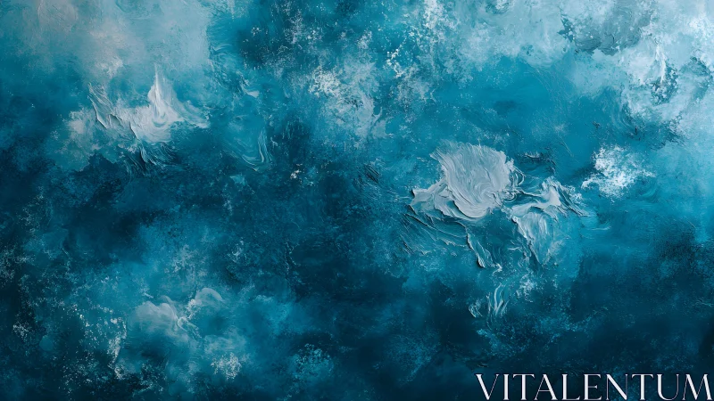 Abstract blue and white textured painting with swirling brushstrokes.