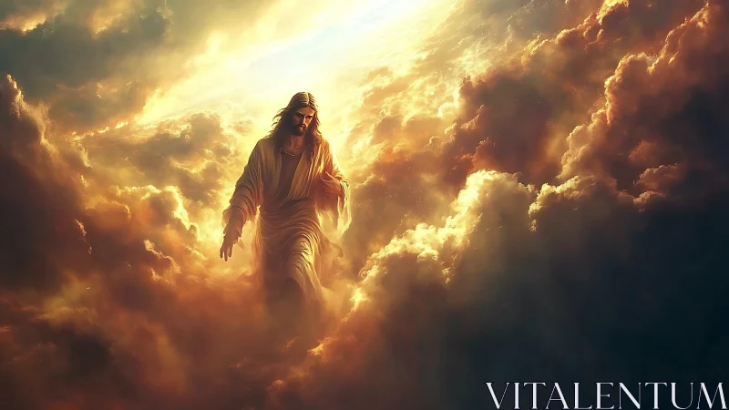 Radiant robed figure descending through celestial clouds.