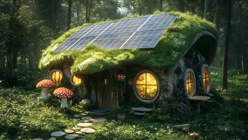 Solar grass-roof woodland cottage with glowing circular windows.