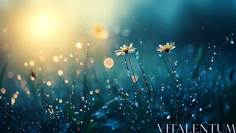 Dewdrop Flowers Glowing Against Warm Morning Light.