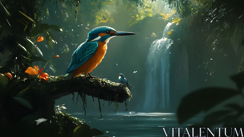 Bright kingfishers rest quietly above a hidden jungle waterfall