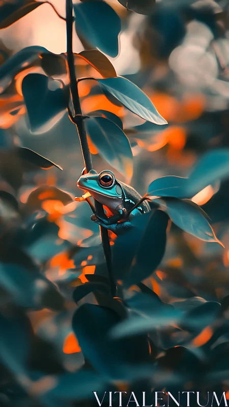 Tree frog clings to branch amid teal leaves and bokeh light
