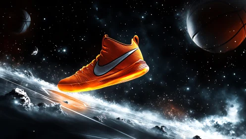 Orange basketball shoe in space-themed promotional artwork.