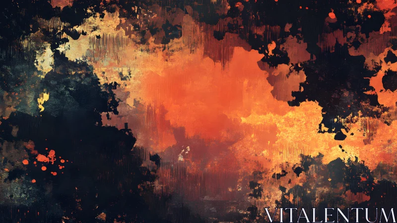 Fiery abstract textured painting with bold orange and black hues.