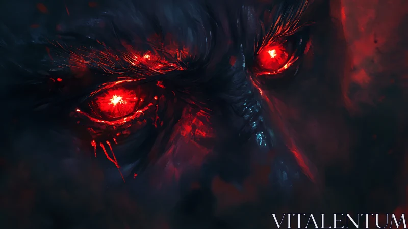 Close-up digital rendering of eyes with intense red glow.