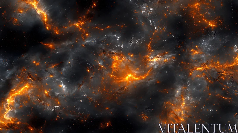 Volcanic nebula clouds glow with dense fiery filaments