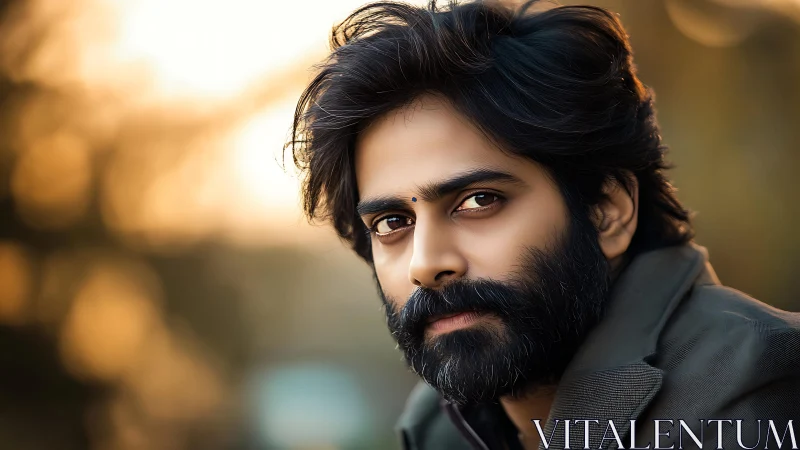 Bearded man in outdoor portrait with warm sunset light.