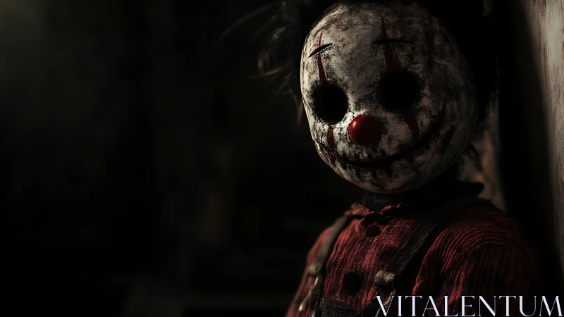 Masked clown doll figure in dim, shadowed interior setting.