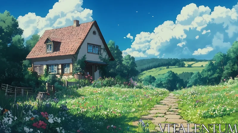 Idyllic rural cottage rendered in high-detail anime landscape