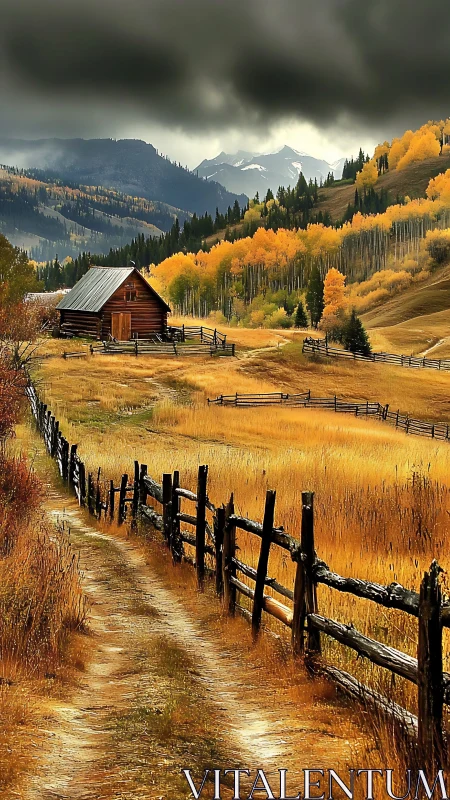 Storm-lit autumn valley with rustic cabin under brooding clouds