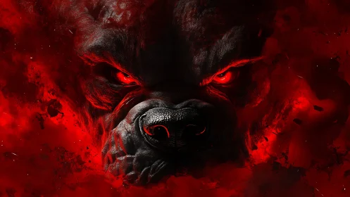 Demonic canine face amid blazing red smoke and shadow.