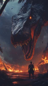 Warrior confronts colossal fiery-eyed dinosaur in inferno.