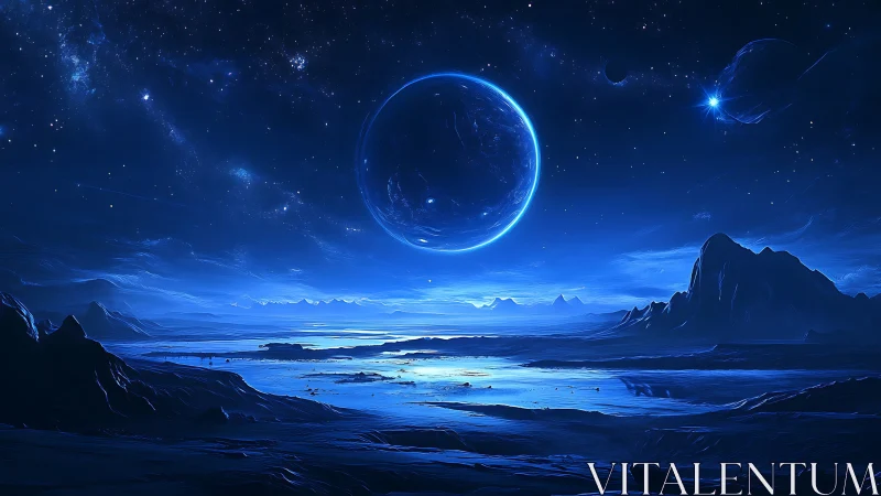 Midnight Tidal Planet under Electric Sapphire Skies.