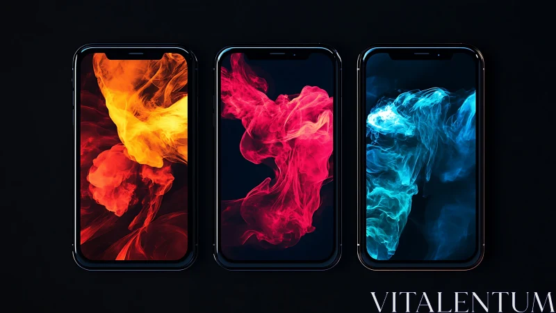 Three smartphones with abstract colored smoke wallpapers.