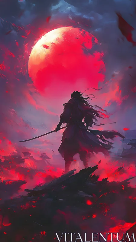 Lone samurai stands beneath a glowing crimson moon.