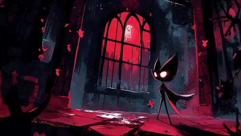 Small masked warrior confronts crimson-lit gothic cathedral