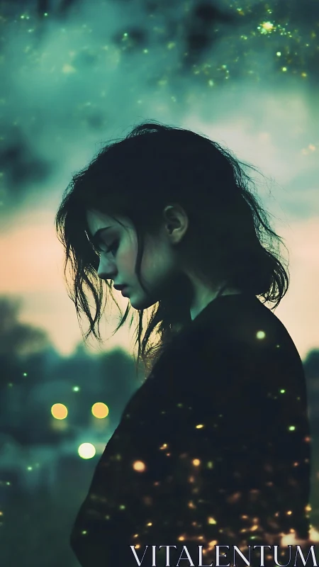 Side-lit female profile amid bokeh particles and teal dusk haze