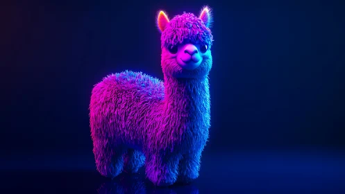 Neon alpaca buddy stands glowing in soft blue and pink light