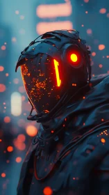 Cybernetic figure amid neon sparks in futuristic cityscape.