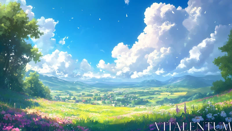 Hillside meadow overlooking distant valley settlement under clouds.