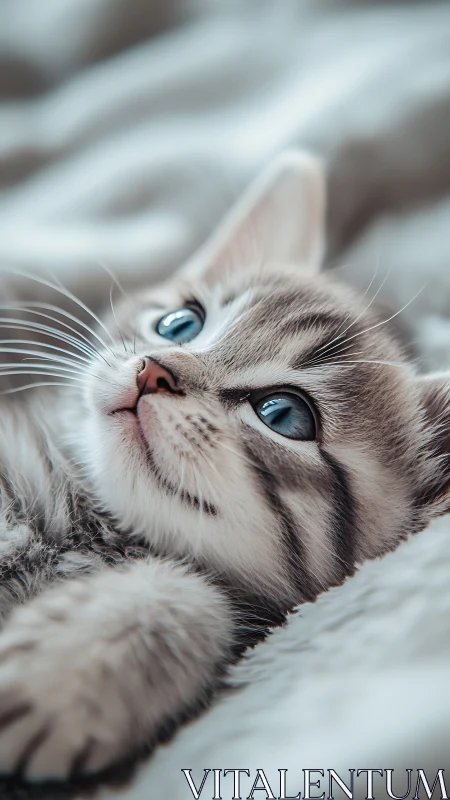 Gray tabby cat with blue eyes reclining on white textured fabric surface
