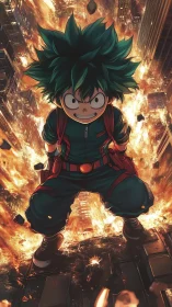 Explosive urban descent with green-haired anime hero midair