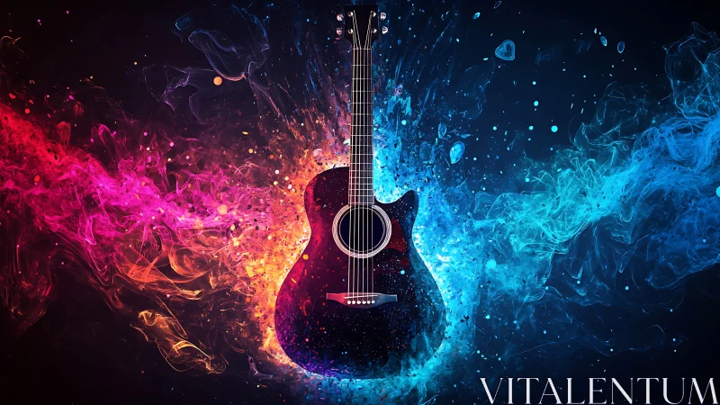 Guitar glowing between fire and ice in a burst of color.
