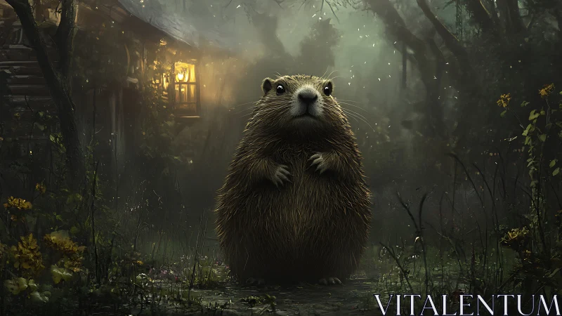 Large rodent stands on forest path near illuminated cabin