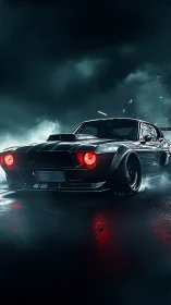 Night-stalking muscle car hunts the neon-soaked storm road.