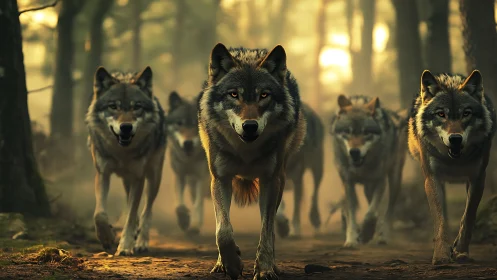 Wolf pack strides through ember-lit forest in silent command.