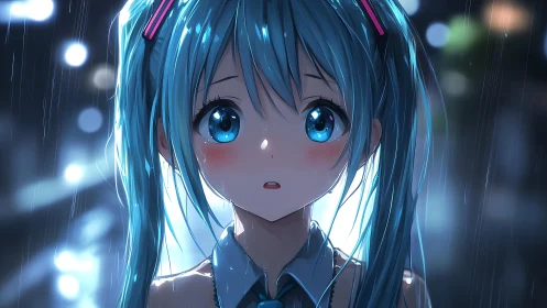 Rain-soaked blue-haired anime girl under dramatic bokeh lights