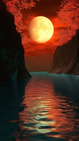 Large full moon above canyon river with red foliage sky.