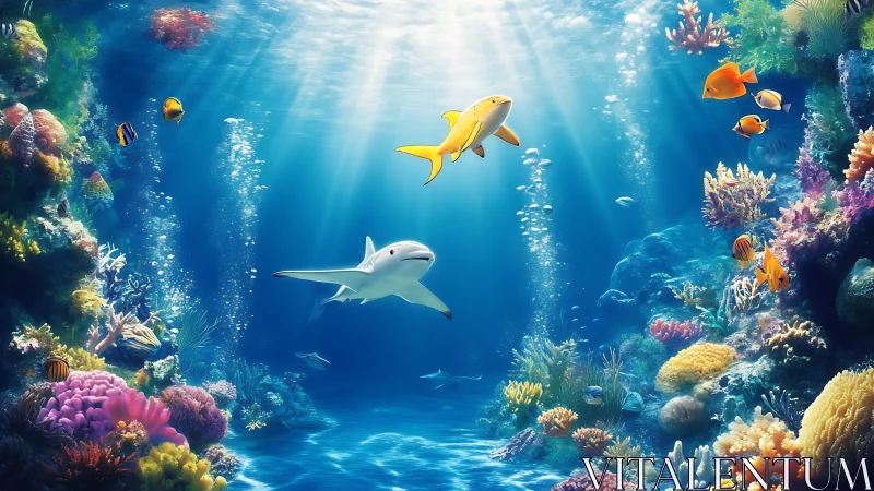 Sunlit coral kingdom with friendly sharks and bright fish.