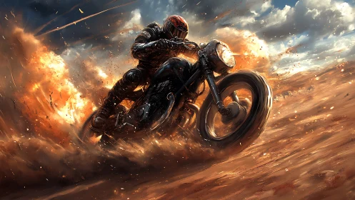 Motorcyclist carves burning sand trail through stormy desert