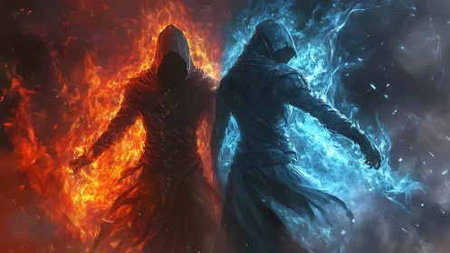 Hooded fire and ice mages facing off in swirling flames.