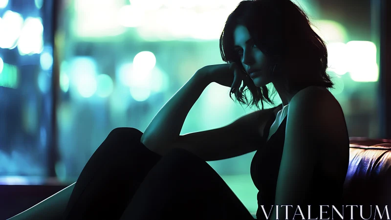 Woman in moody teal light seated by window at night.