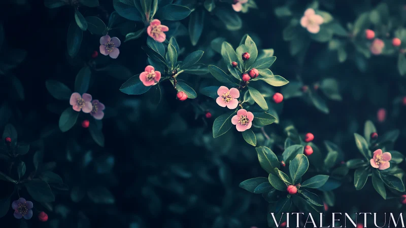 Coral Blossoms with Red Berries: Botanical Macro Study.