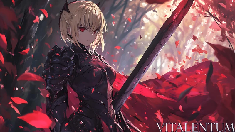 Dark-armored anime knight holds greatsword amid crimson leaves