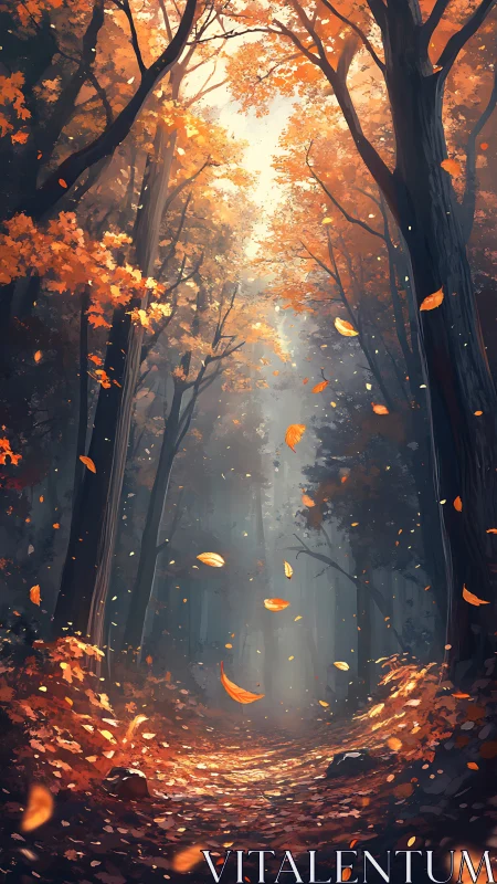 Autumn Forest Cathedral with Golden Falling Leaves.