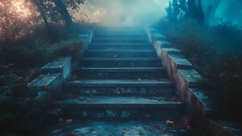 Mist-laden stone staircase in overgrown twilight woodland.