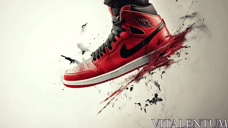 Dynamic red sneaker in motion with splatter dispersion effect.