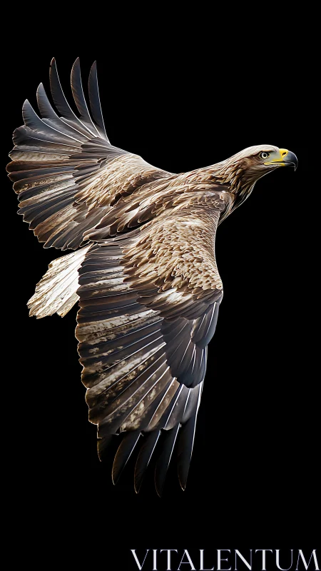 Photorealistic raptor in dynamic wingspan profile on black field.