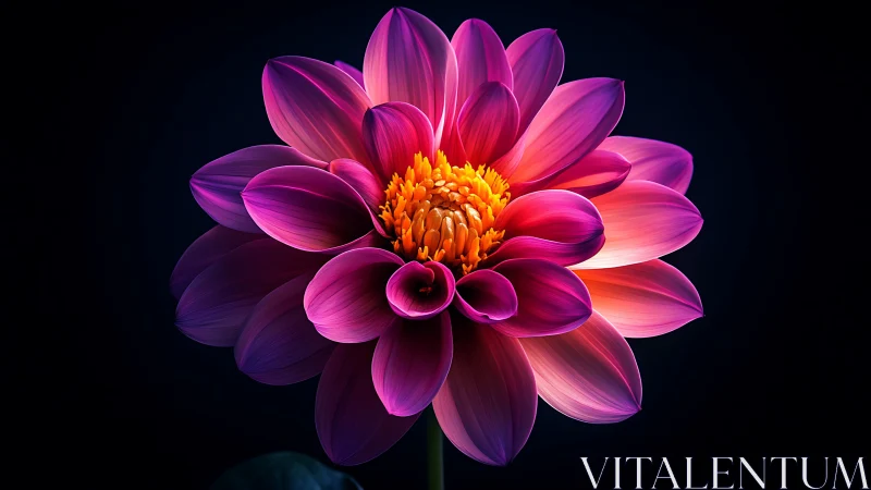 Dahlia with Layered Magenta Petals and Yellow Center Against Black Background.